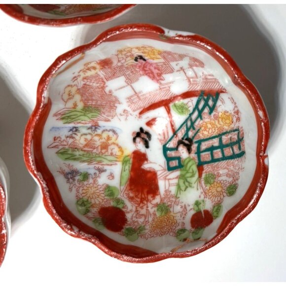 4 Vintage Kutani Japan Hand Painted Geisha Girls Footed Dip Bowls 3” - Picture 3 of 6